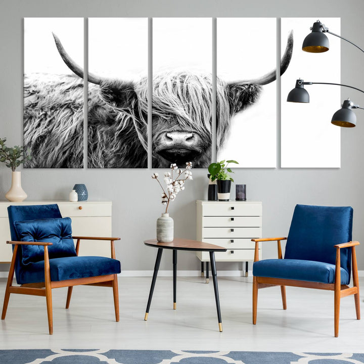 Framed Black and White Scottish Highland Cow Art Print.