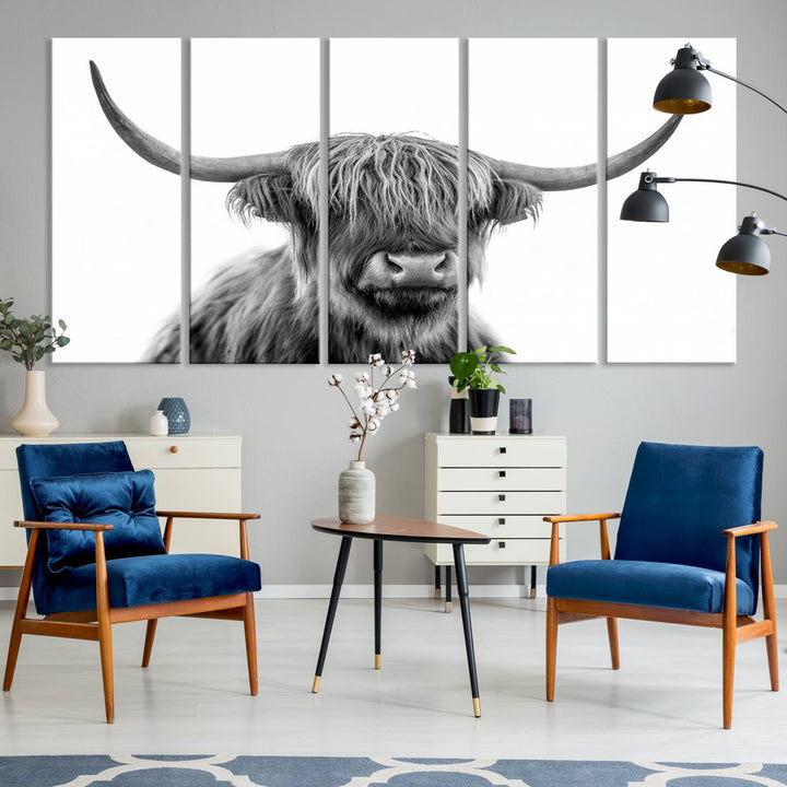 A Scottish Highland Cow Art Canvas adds charm to the farmhouse decor.