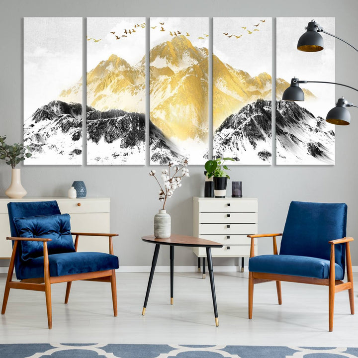 Golden Mountain Triptych Wall Art features gold-tinted mountains and birds.