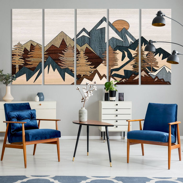 A Woodland Mountain Landscape Triptych serves as the centerpiece of the rustic decor.