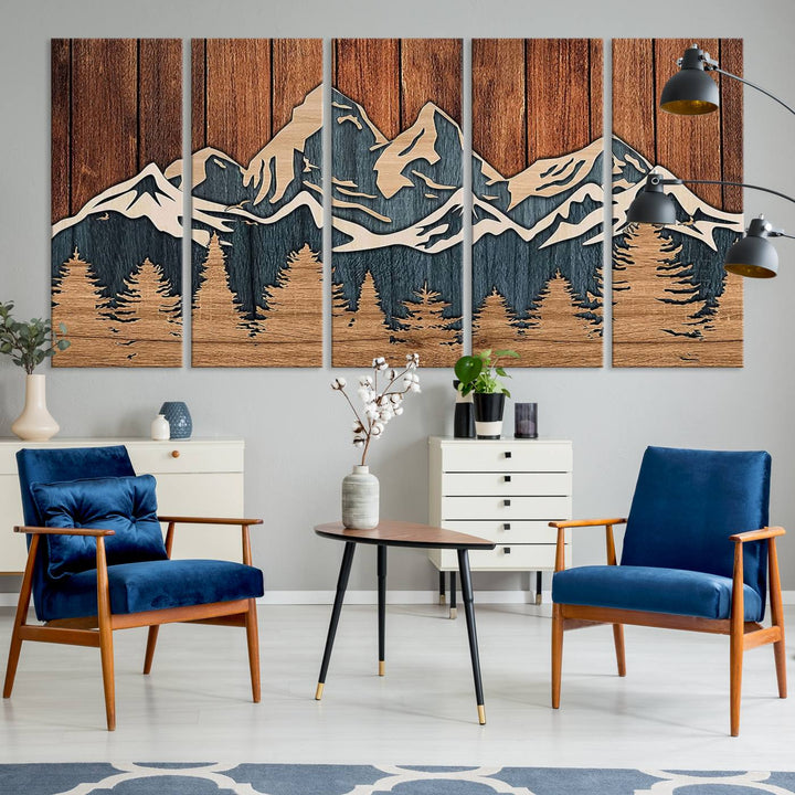 Rustic Wood Style Mountain Wall Art hangs on the wall.