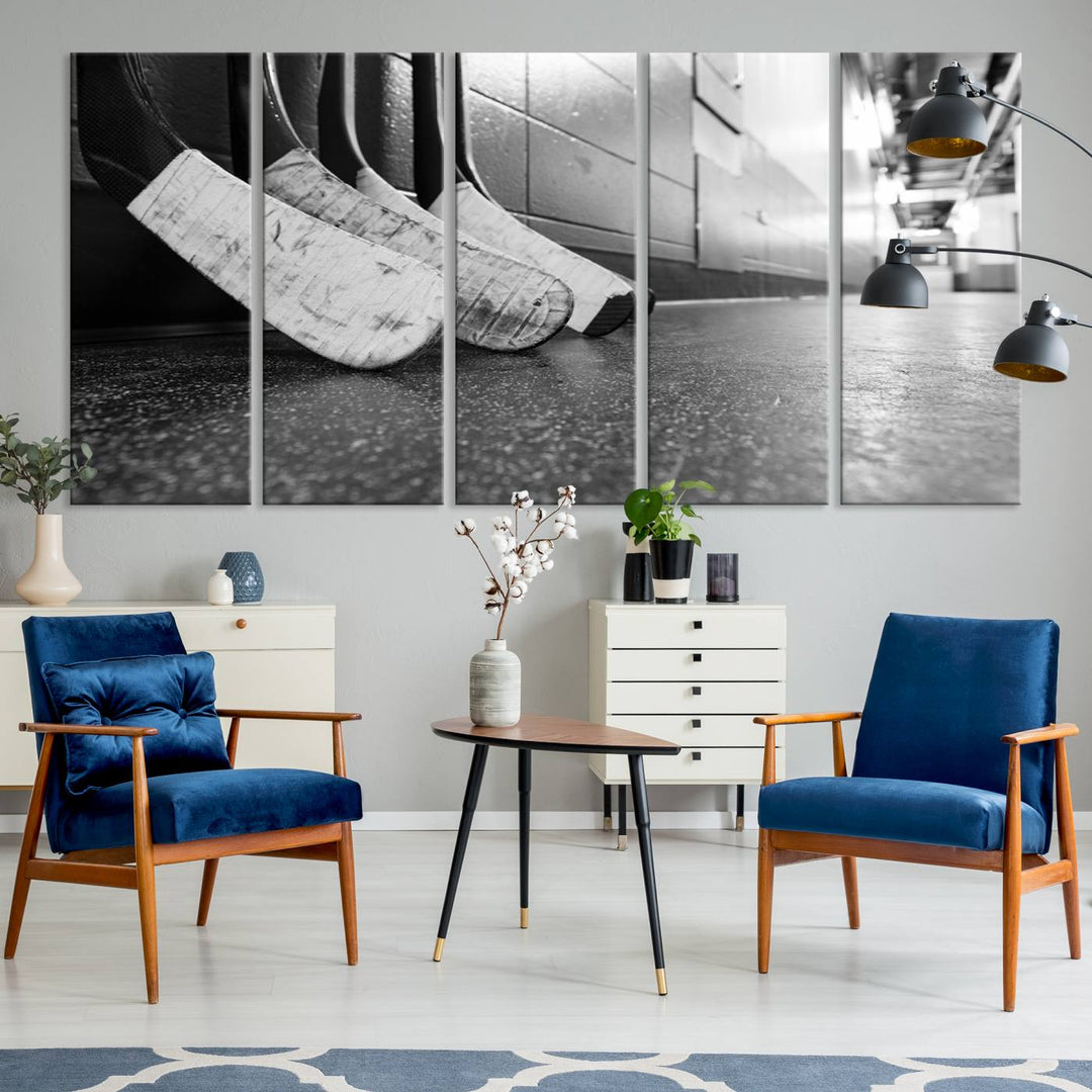 Ice Hockey Wall Art Canvas Print features a UV-protected black and white photo of hockey sticks.