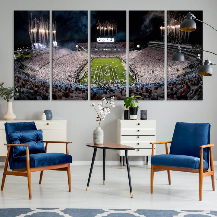 The perfect Penn State Football canvas wall art features a depiction of Beaver Stadium filled with fans in white, with fireworks exploding above.