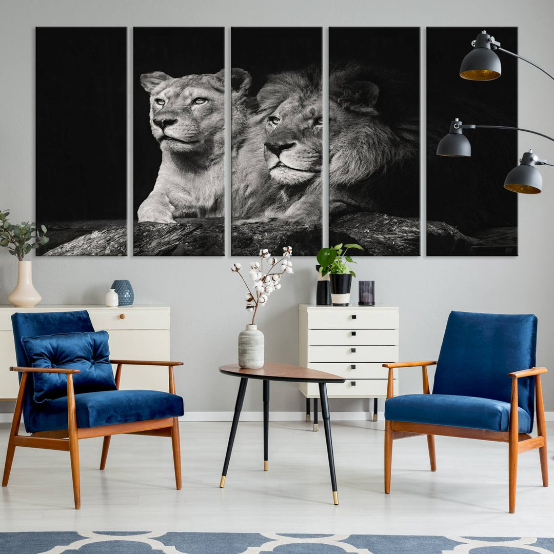 The Lion Couple Canvas Wall Art Print hangs prominently.