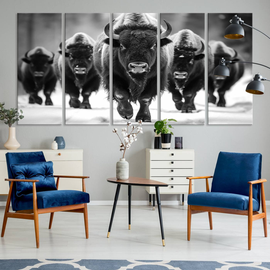 A black and white American Bison herd canvas print adorns the wall.