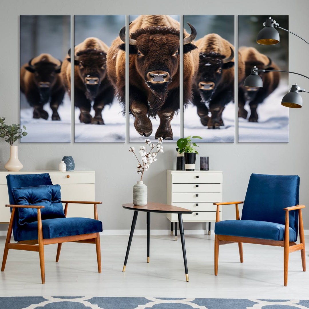 The dining room features an American Bison Herd Canvas Print against the snow.