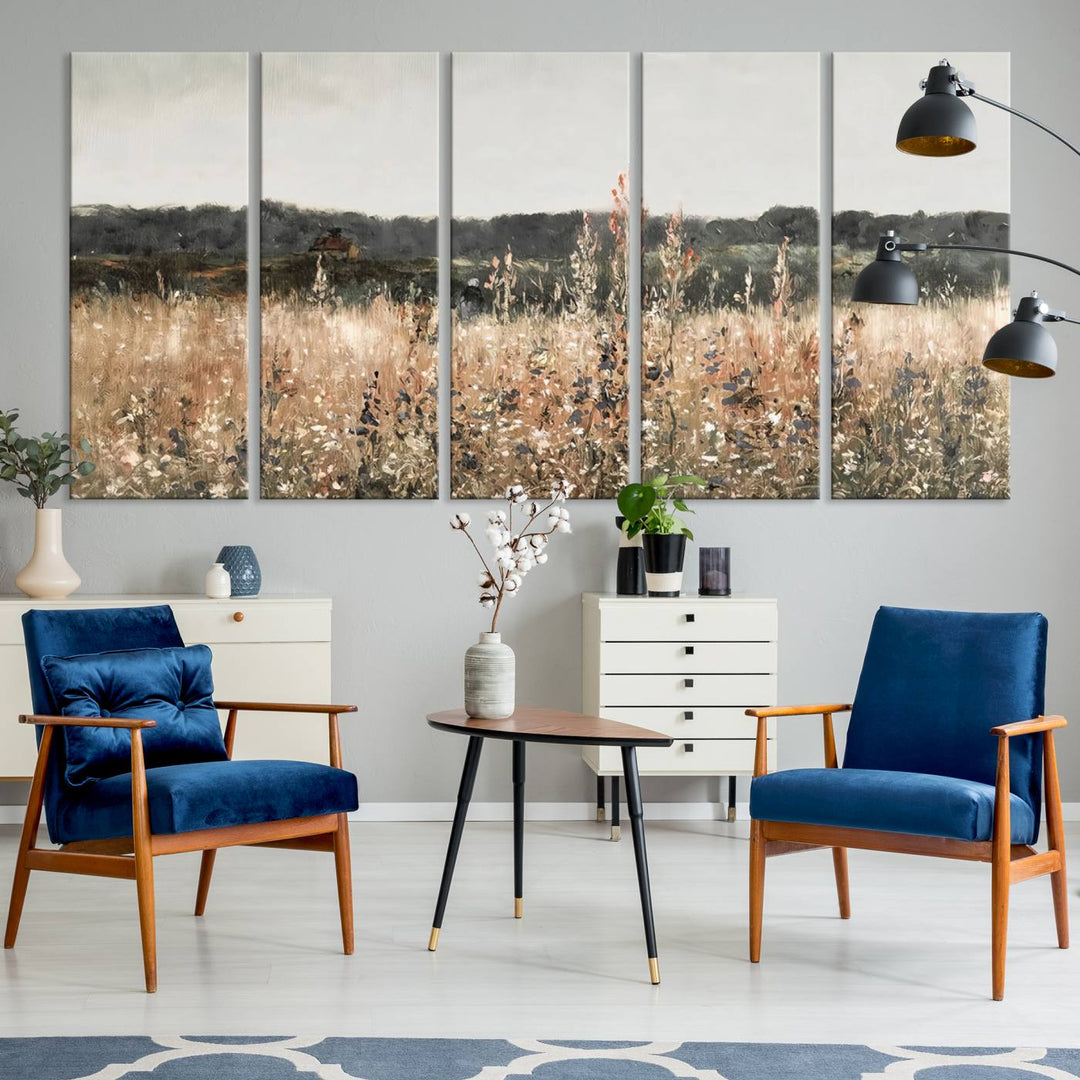 A dining room featuring the Abstract Wildflower Art Field Landscape Oil Painting Print.