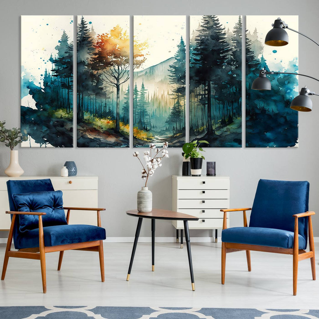 The Watercolor Trees Forest Abstract canvas print is displayed prominently.