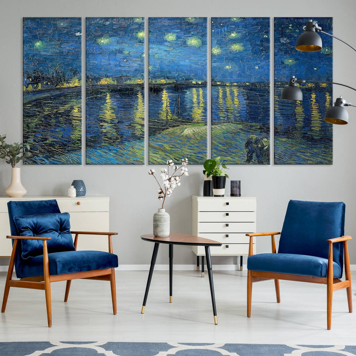 A Vincent van Gogh Starry Night over the Rhone canvas print is displayed on a porch.