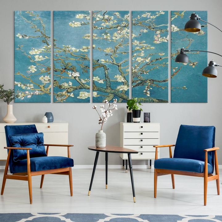 The wall art, Vincent Van Goghs Almond Blossom, stands out with its vibrant depiction against a serene blue background.