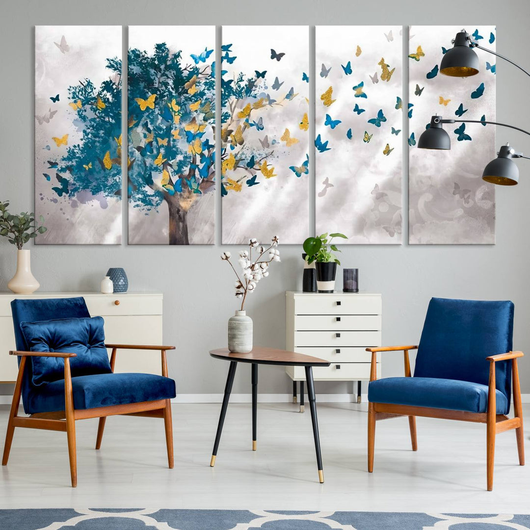 The modern dining room features Tree Butterfly Abstract Wall Art, adding a touch of nature-inspired decor.