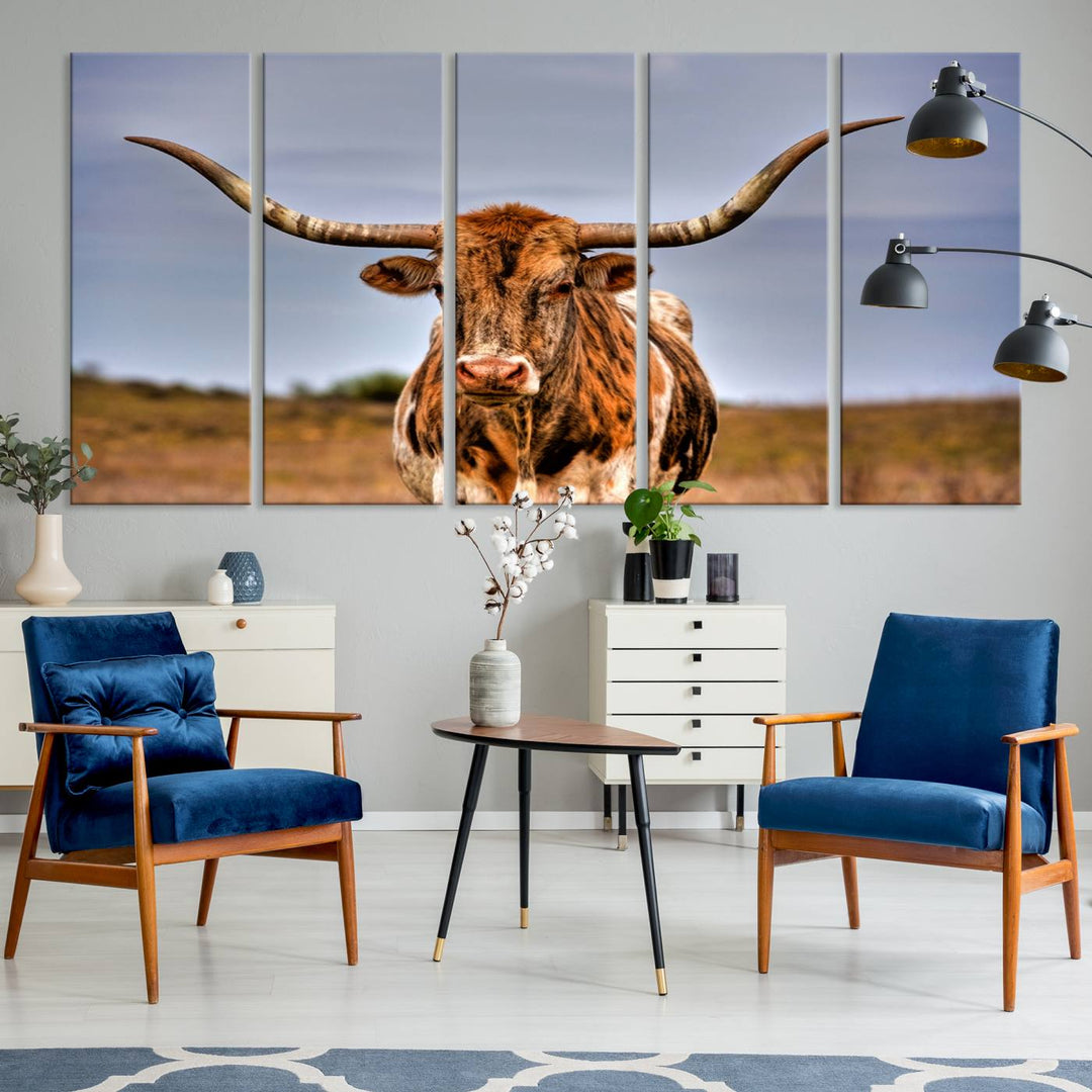 The Texas Longhorn Wall Art Print is displayed in a stylish living room.