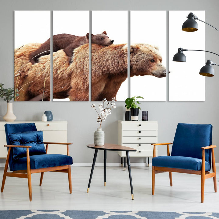 Mother and Baby Bear canvas: an adorable wildlife print displayed on a dark green wall.