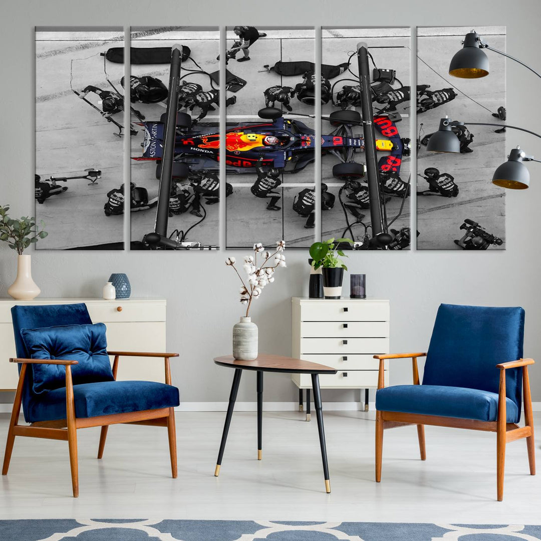 Red Bull Formula 1 Canvas Wall Art Print: An aerial view of a Formula 1 pit stop featuring a Red Bull car on premium canvas.