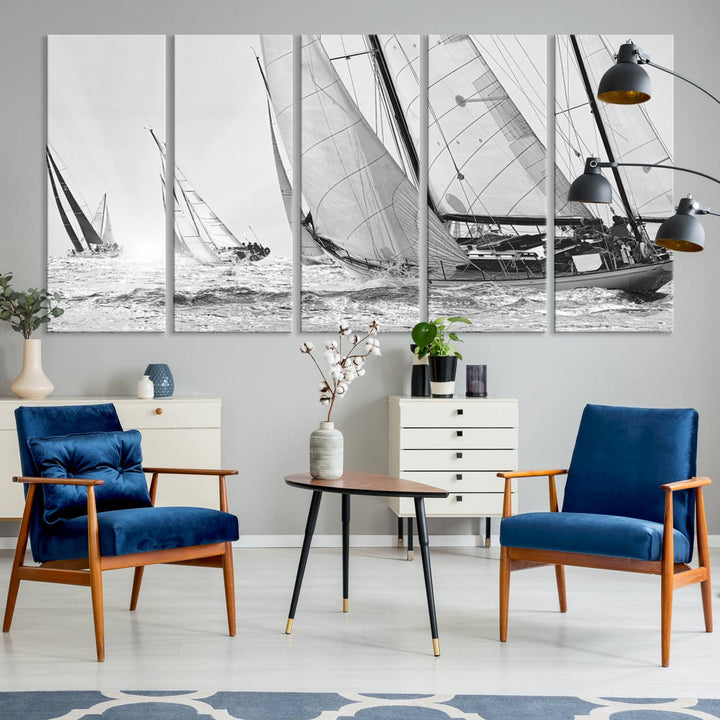 Yacht Sailboat Regatta canvas print on a textured wooden wall.