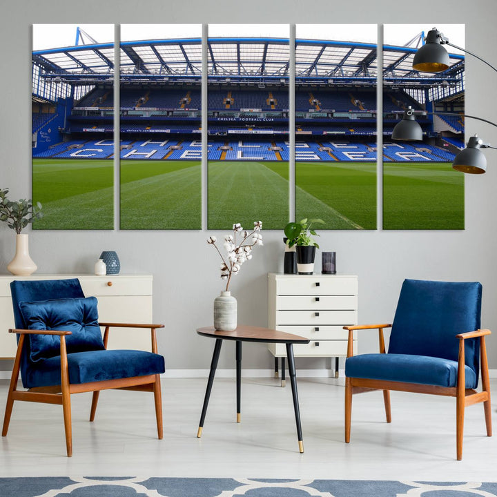 The wall art features a Chelsea FC Stamford Bridge Stadium canvas print.