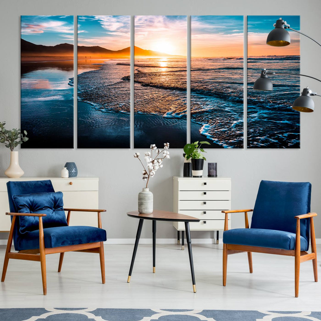 The Sunset Beach Ocean Canvas Wall Art – Tranquil Reflections at Dusk enhances the ambiance with its captivating depiction of serene ocean views at dusk.