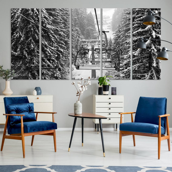 The Winter Ski Lift Canvas in minimalist style adds a unique touch to the dining room.