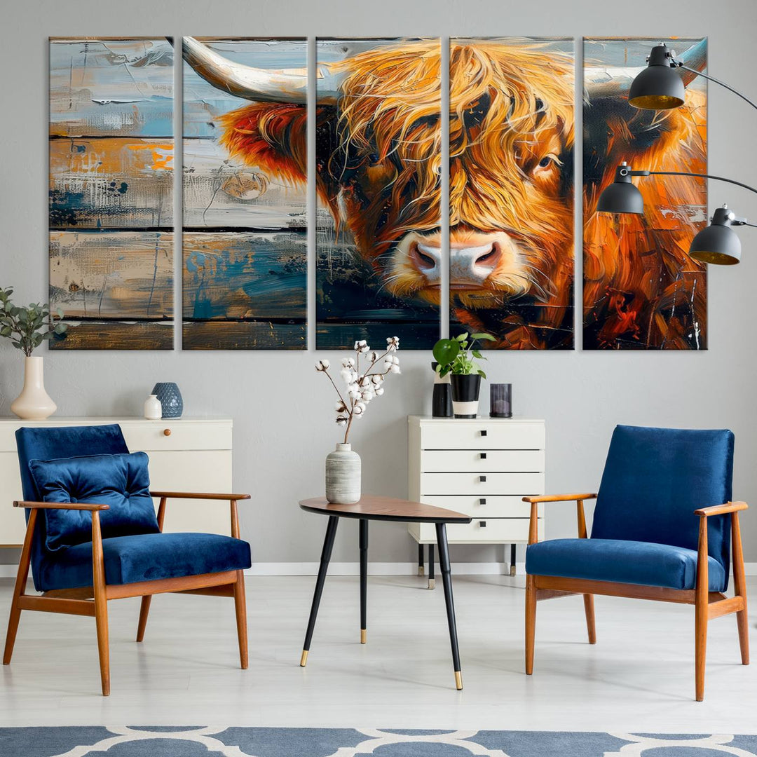 The dining room features Highland Cow Abstract Canvas Wall Art in a farmhouse rustic decor style.