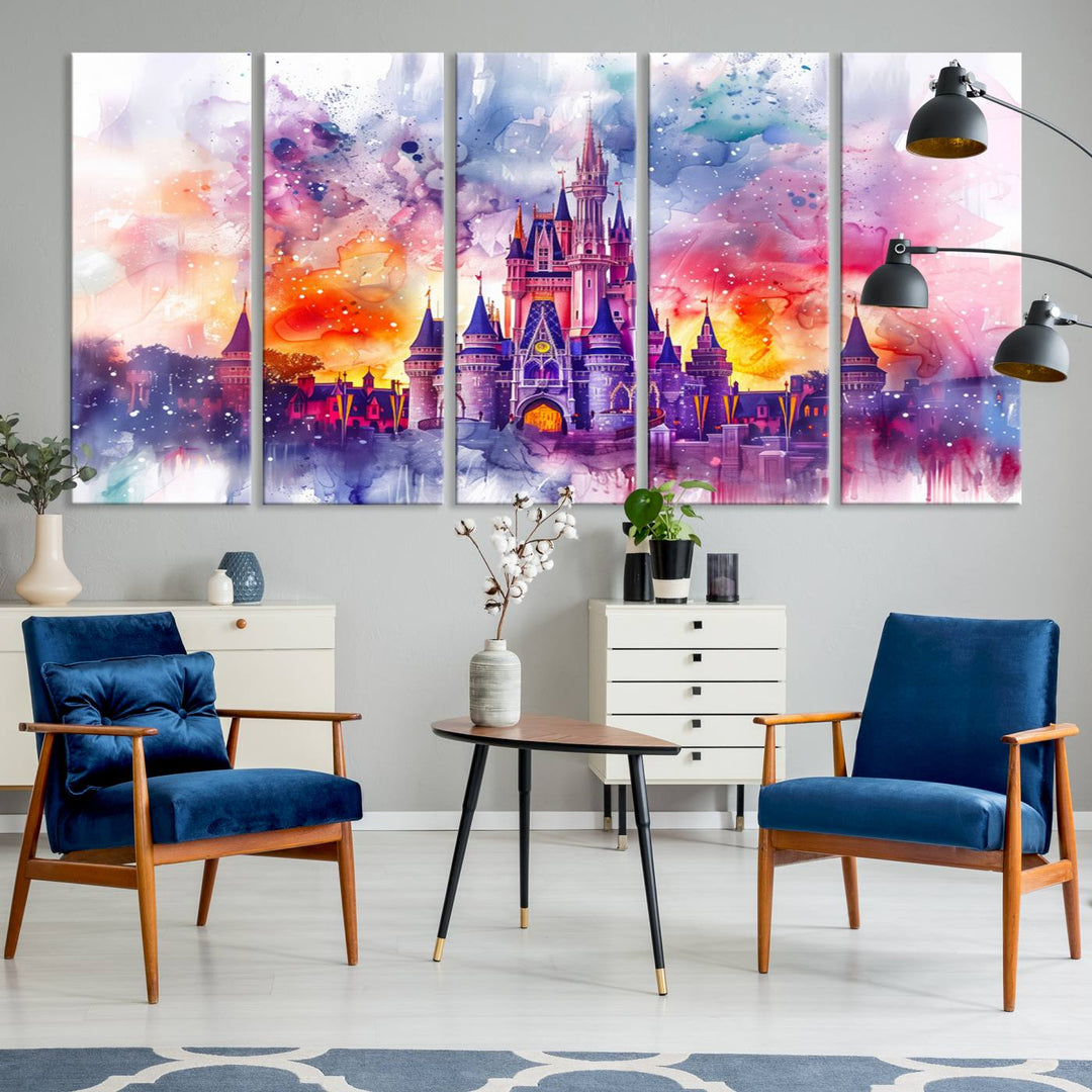 The watercolor Disney Wall Art showcases Cinderellas Castle in pink, purple, and orange hues.