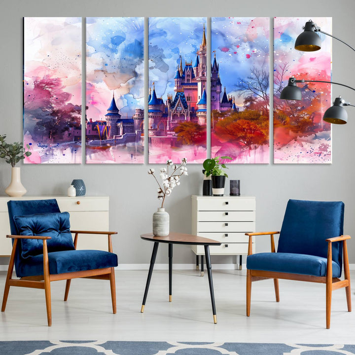 A Disney Wall Art: Dreamy Watercolor Cinderella Castle Canvas Print hangs prominently.