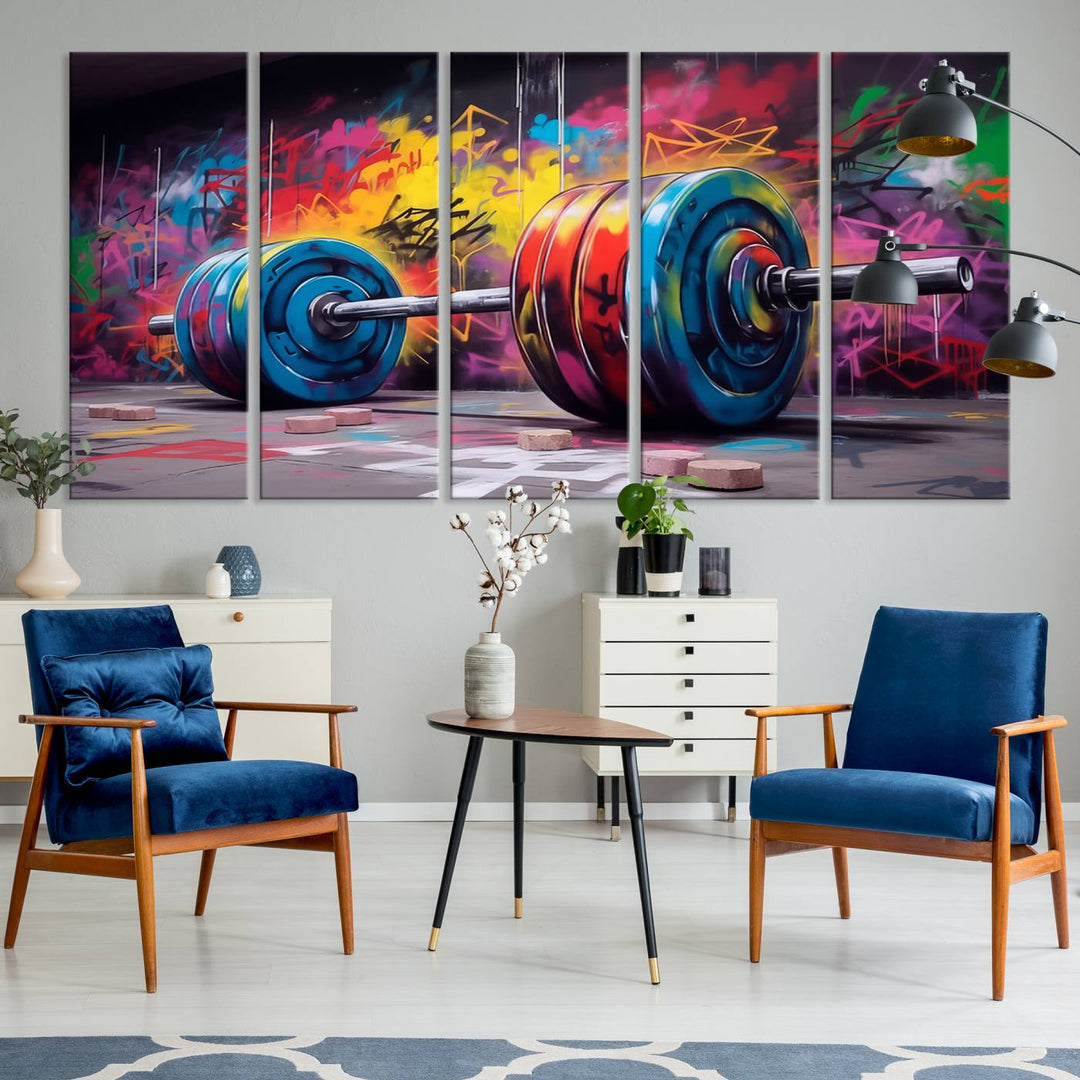 The Abstract Graffiti Barbell Canvas Wall Art is displayed on a porch.