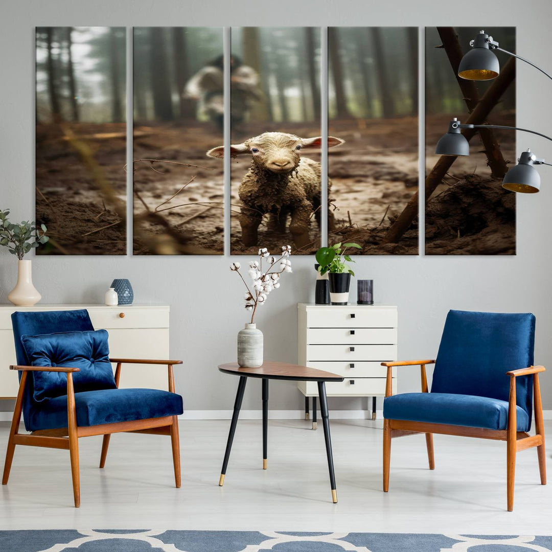 The Jesus Lost Lamb Canvas Wall Art features a heartwarming woodland scene, beautifully capturing the essence of serenity and grace.