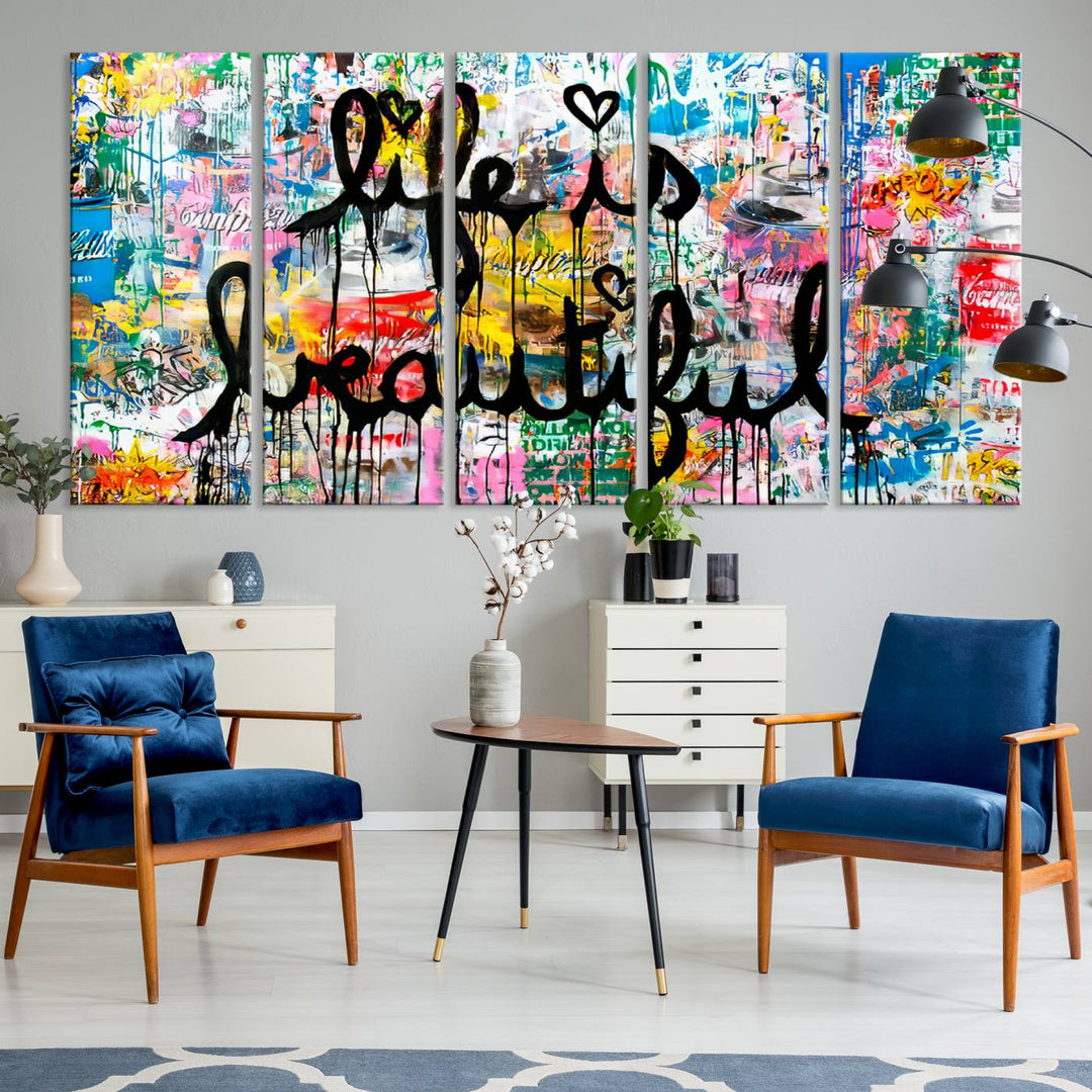 The Life Beautiful graffiti style canvas print is showcased in black script.