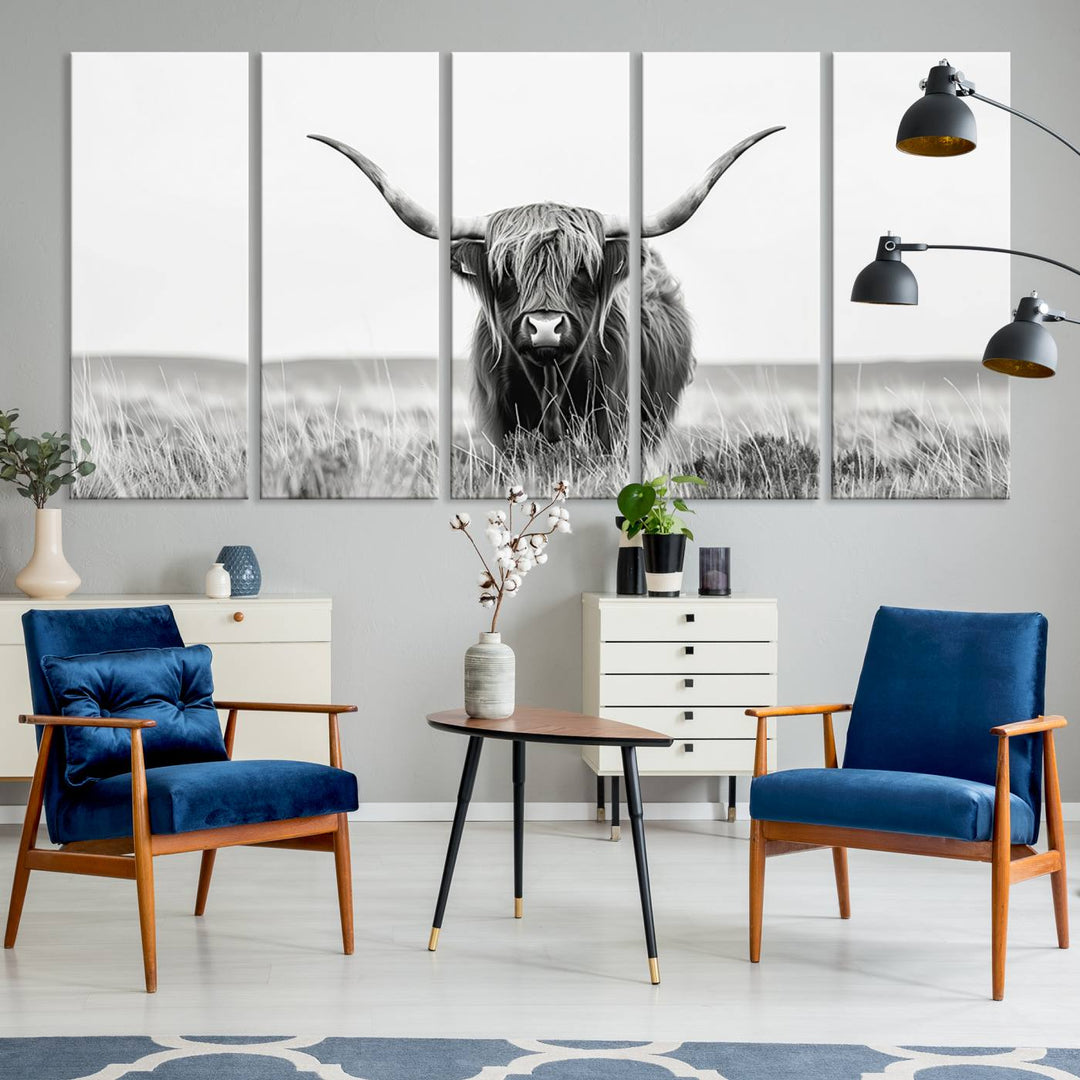 The Majestic Beauty canvas of a Highland cow adds elegance to the white walls as it hangs prominently.