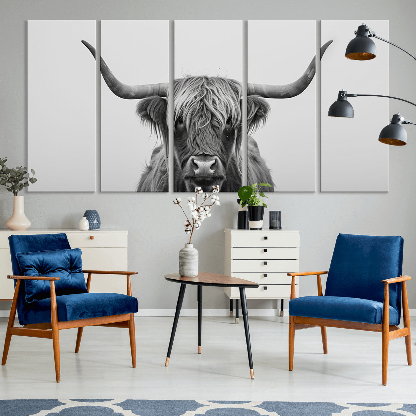 MGV-CV-60X31-5P - Farmhouse Longhorn Wall Art Canvas Print, Longhorn Texas Wall Art Canvas Print