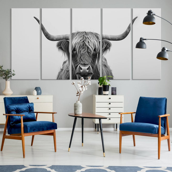 The Farmhouse Longhorn Wall Art Canvas Print adds rustic charm.