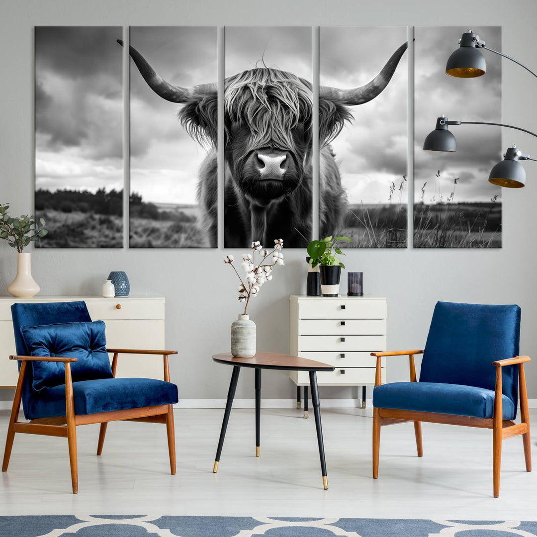 A large Scottish Cow Wall Art Canvas Print hangs on the wall.