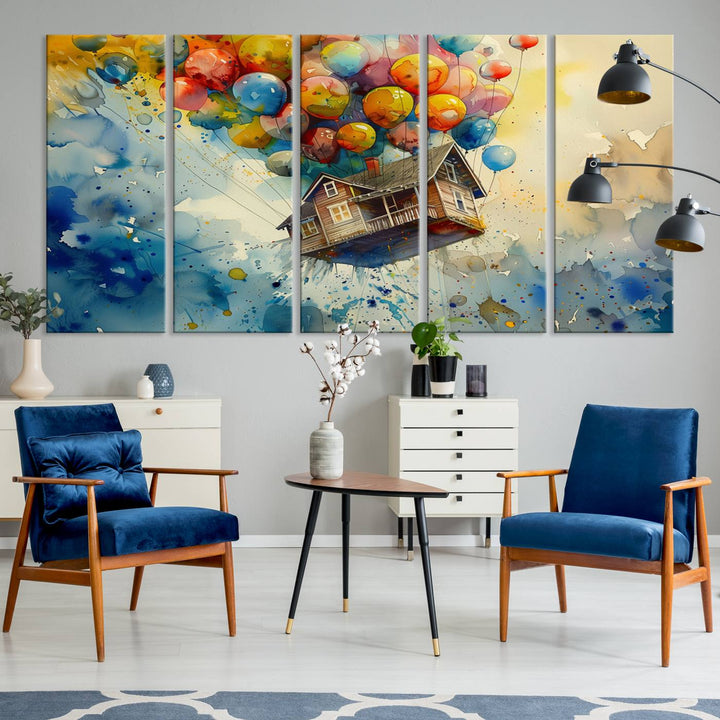 UP-Inspired Floating House with Balloons Triptych Canvas Art – Colorful 3-Panel Wall Decor for Living Room, Office, or Nursery