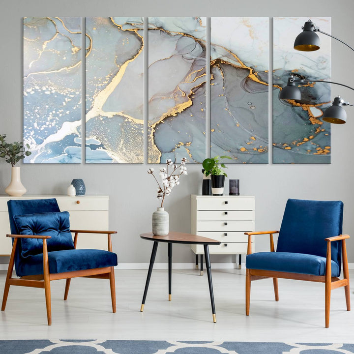 A blue and gold marbled Large Abstract Marble Wall Art Canvas Print hangs overhead.