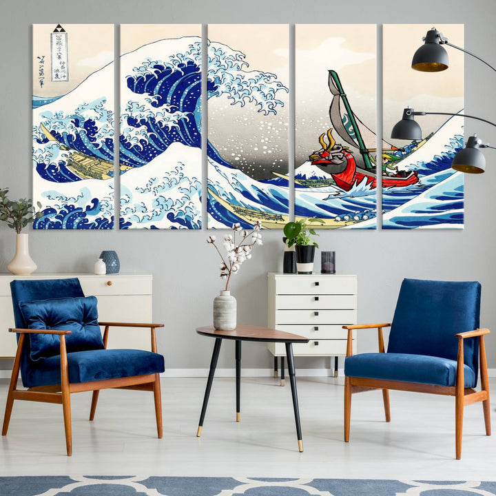 The Katsushika Hokusai Kanagawa Giant Wave Canvas print captures a vibrant sailing scene.