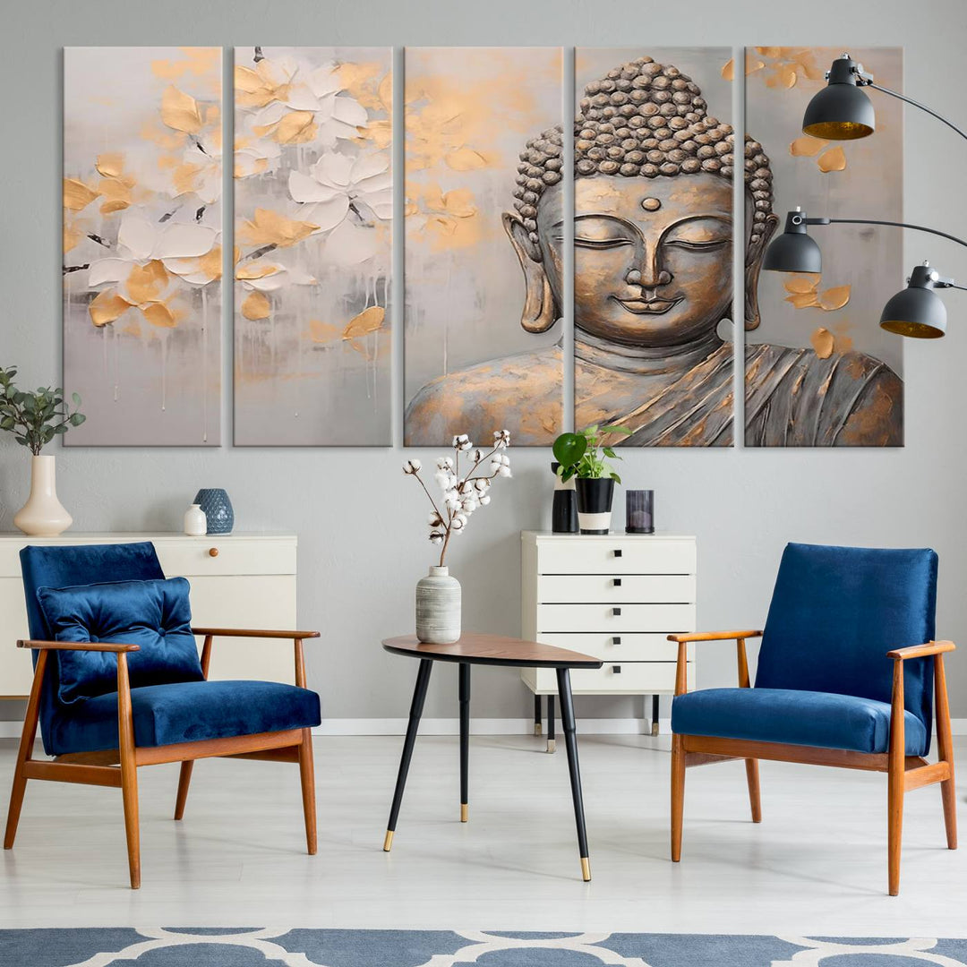 The serene dining room features Abstract Buddha Statue Wall Art.