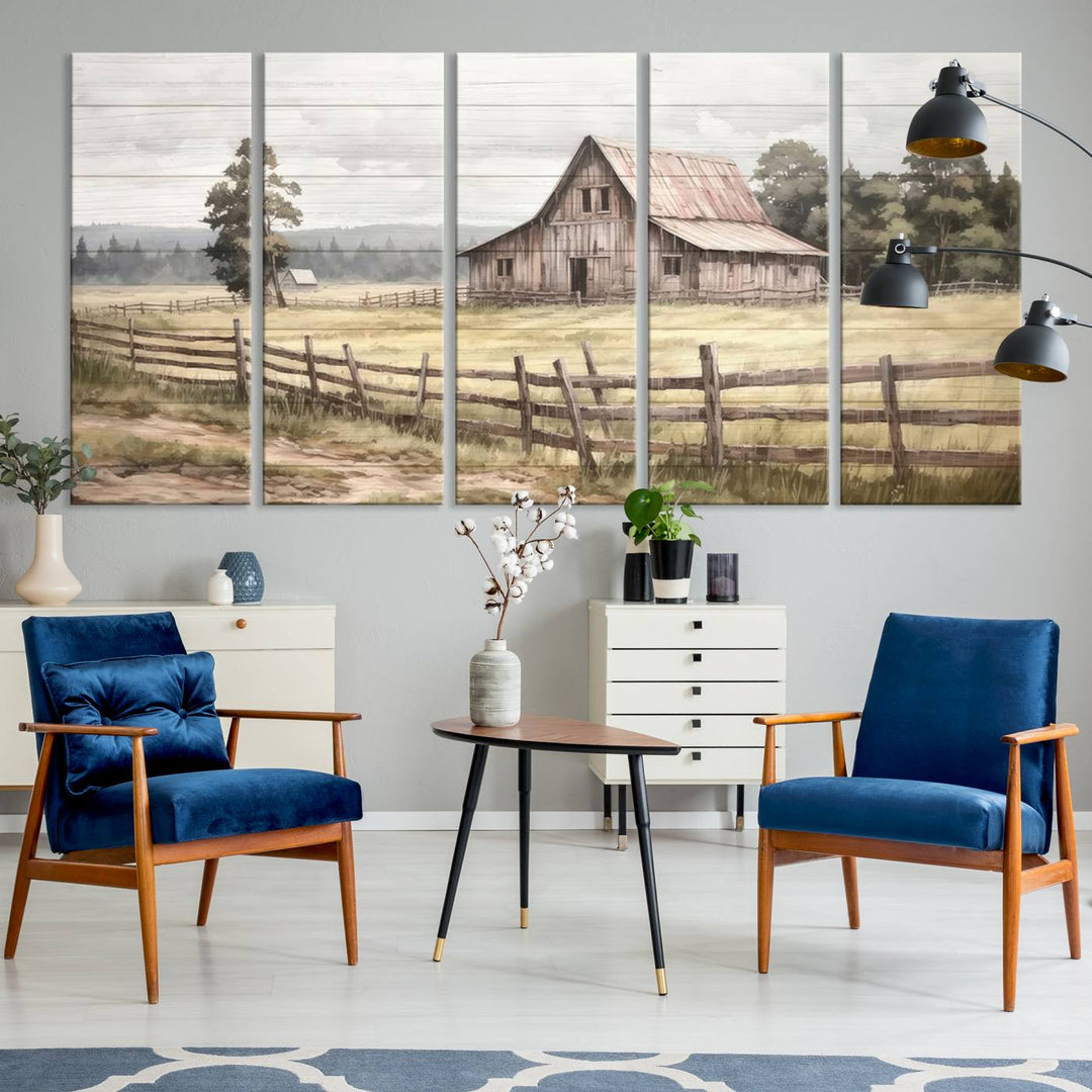 The wall is adorned with a Rustic Farmhouse Barn Wall Art.