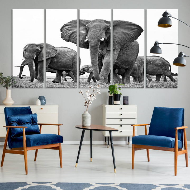 A modern dining area features a Black White Elephant Family Wall Art Canvas Print.