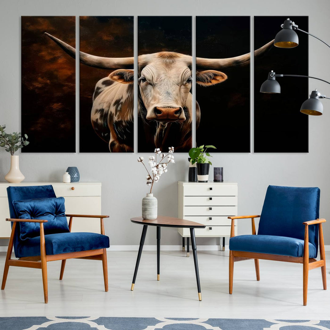 A large 3-panel Texas Longhorn canvas print dominates the space.