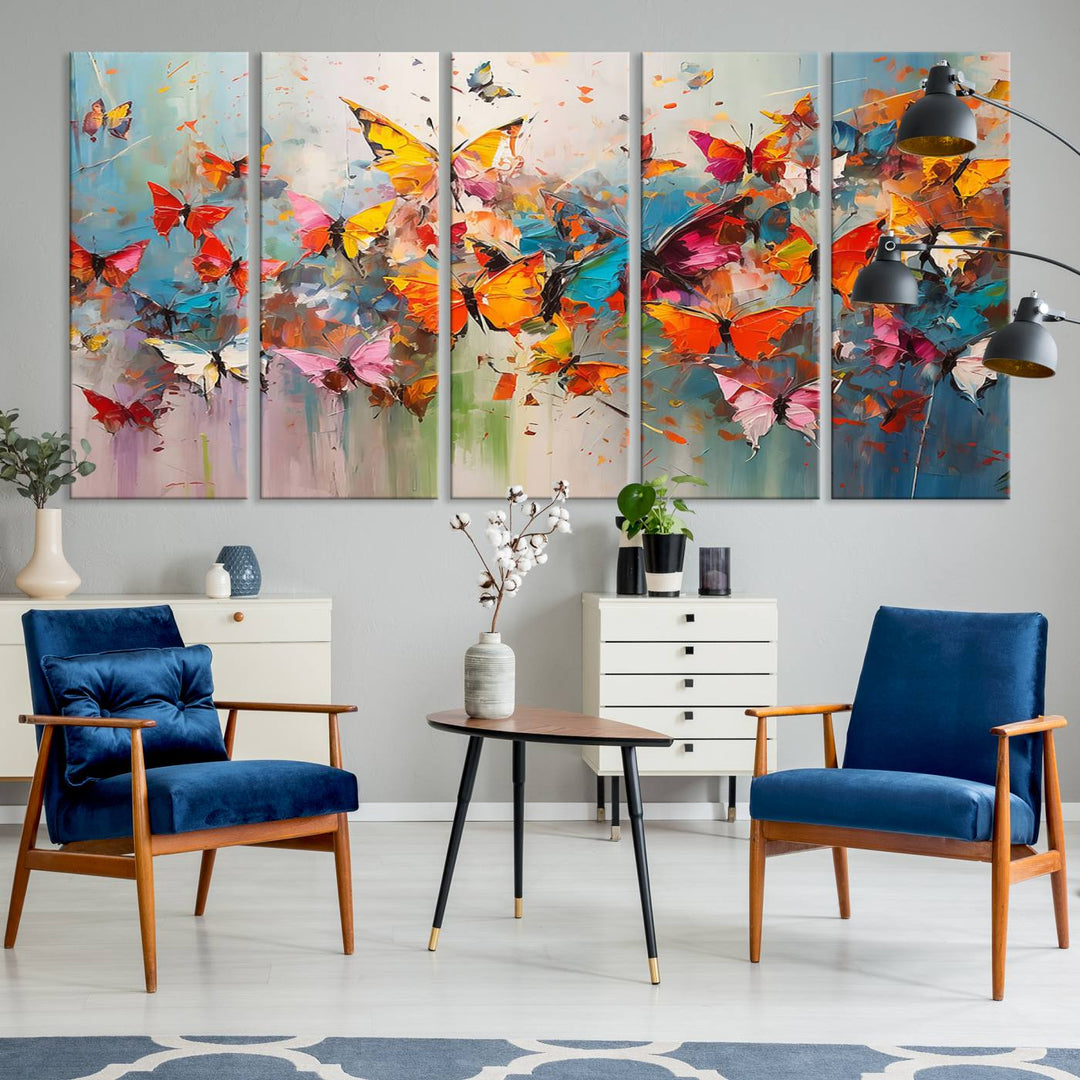 The Abstract Butterfly Wall Art Canvas Print hangs prominently, adding a touch of elegance and creativity to the room.