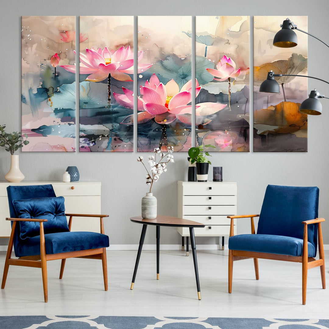 A pink lotus wall art adorns the space.