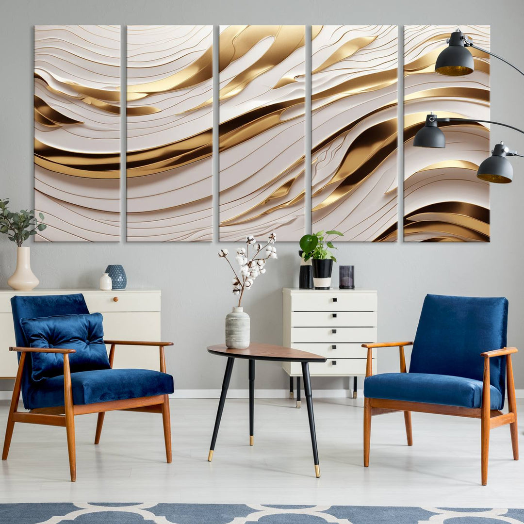 A Gold and White Abstract Wave Canvas with luxurious golden accents.