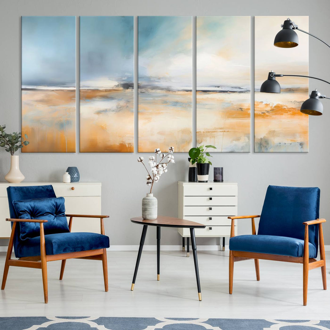 Abstract Landscape Wall Art in warm tones of orange and blue.