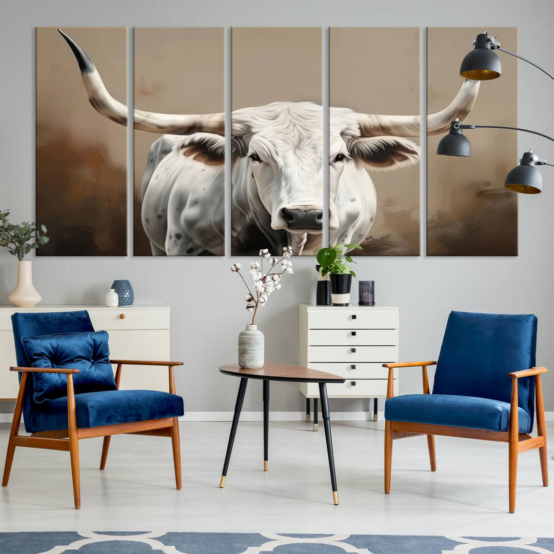 The kitchen features a striking canvas print of a Longhorn Bull.