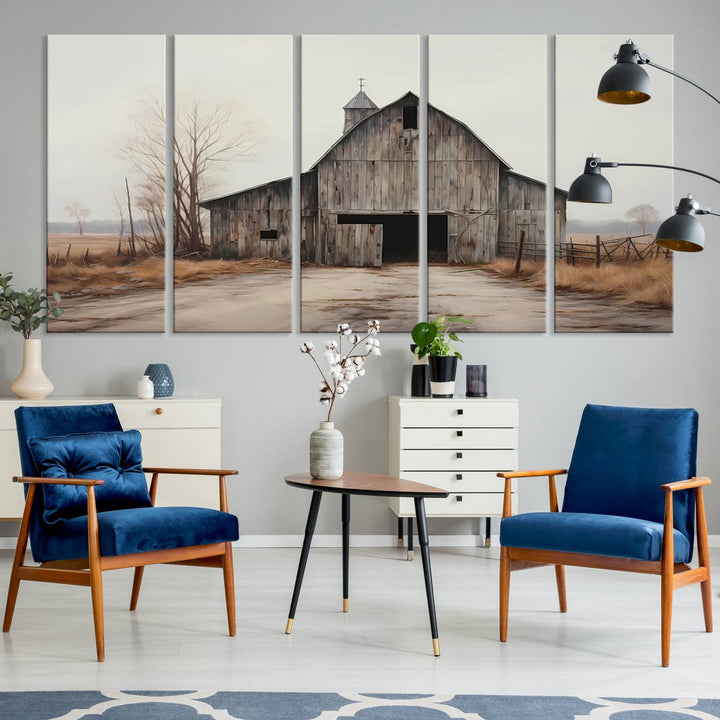 The Farmhouse Rustic Barn Wall Art Canvas Print, framed and ready to hang, enhances the farmhouse décor.