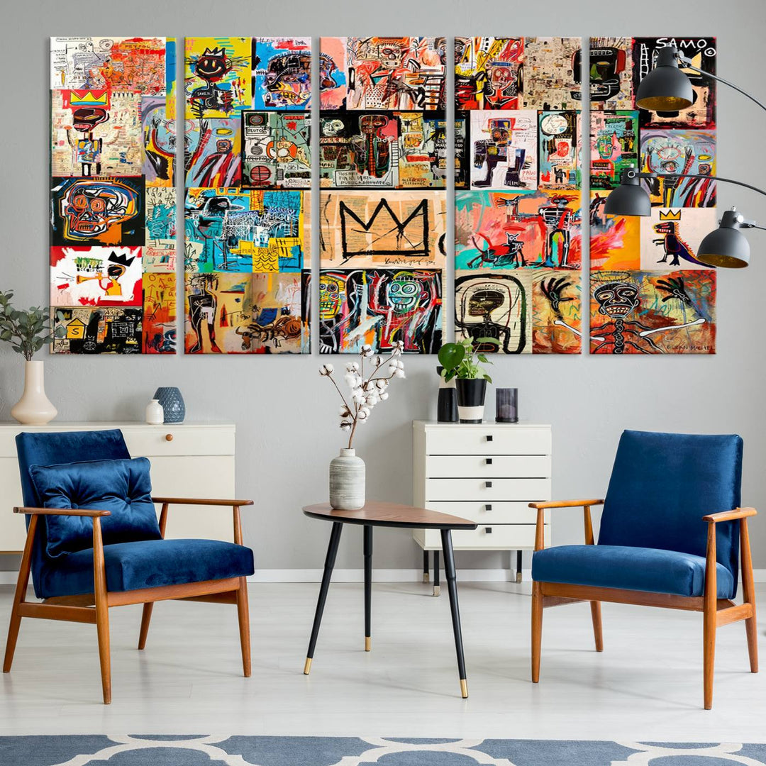 A Basquiat graffiti-style collage adorns the wall.