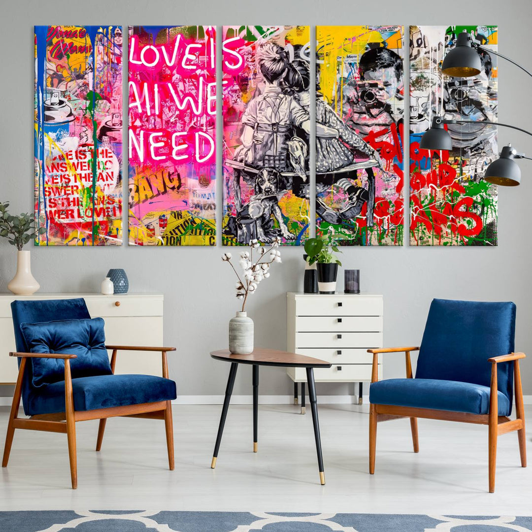 A vibrant and dynamic triptych features distorted horizontal lines, resembling graffiti street art. This artwork conveys the themes of "Follow Your Dreams" and "Love is All We Need" across three colorful panels.