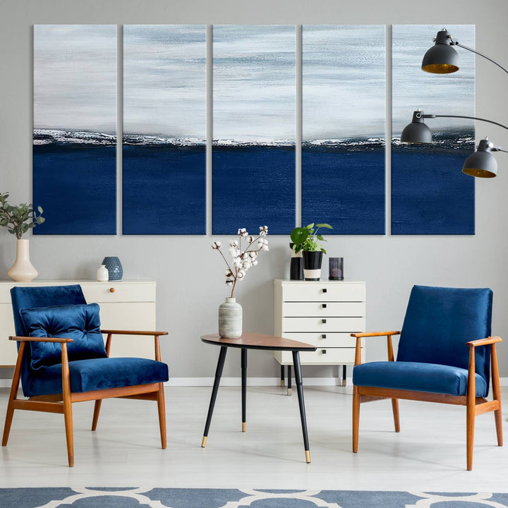 A Navy Blue Abstract Wall Art Canvas Print is displayed above the backsplash.