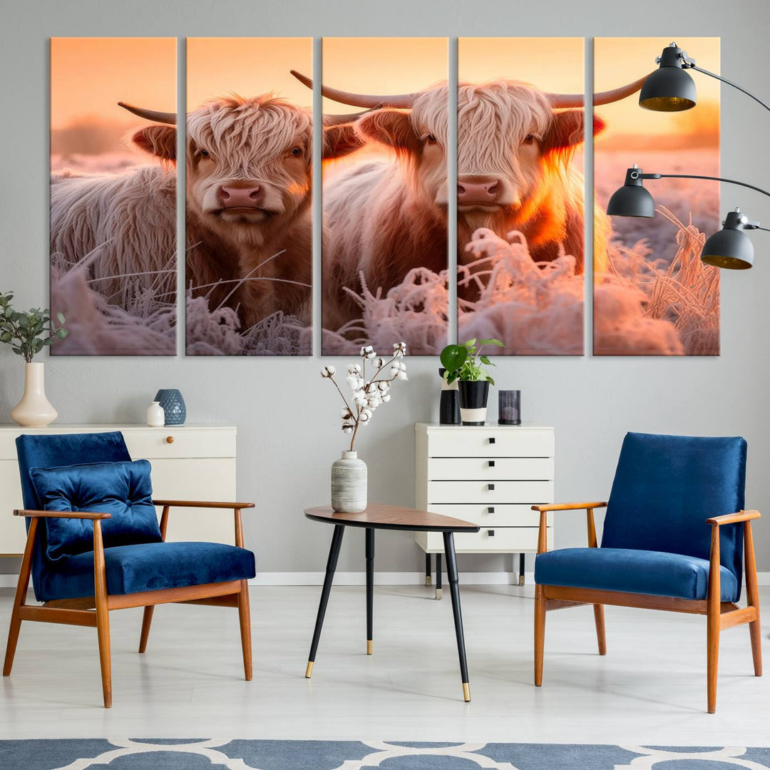 Highland Cows at Sunrise Wall Art adds serene rustic farmhouse charm.