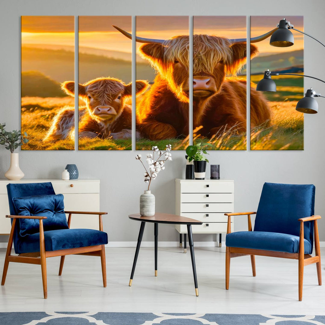 The Scottish Cow and Baby Cow Canvas Wall Art captures sunset fields.